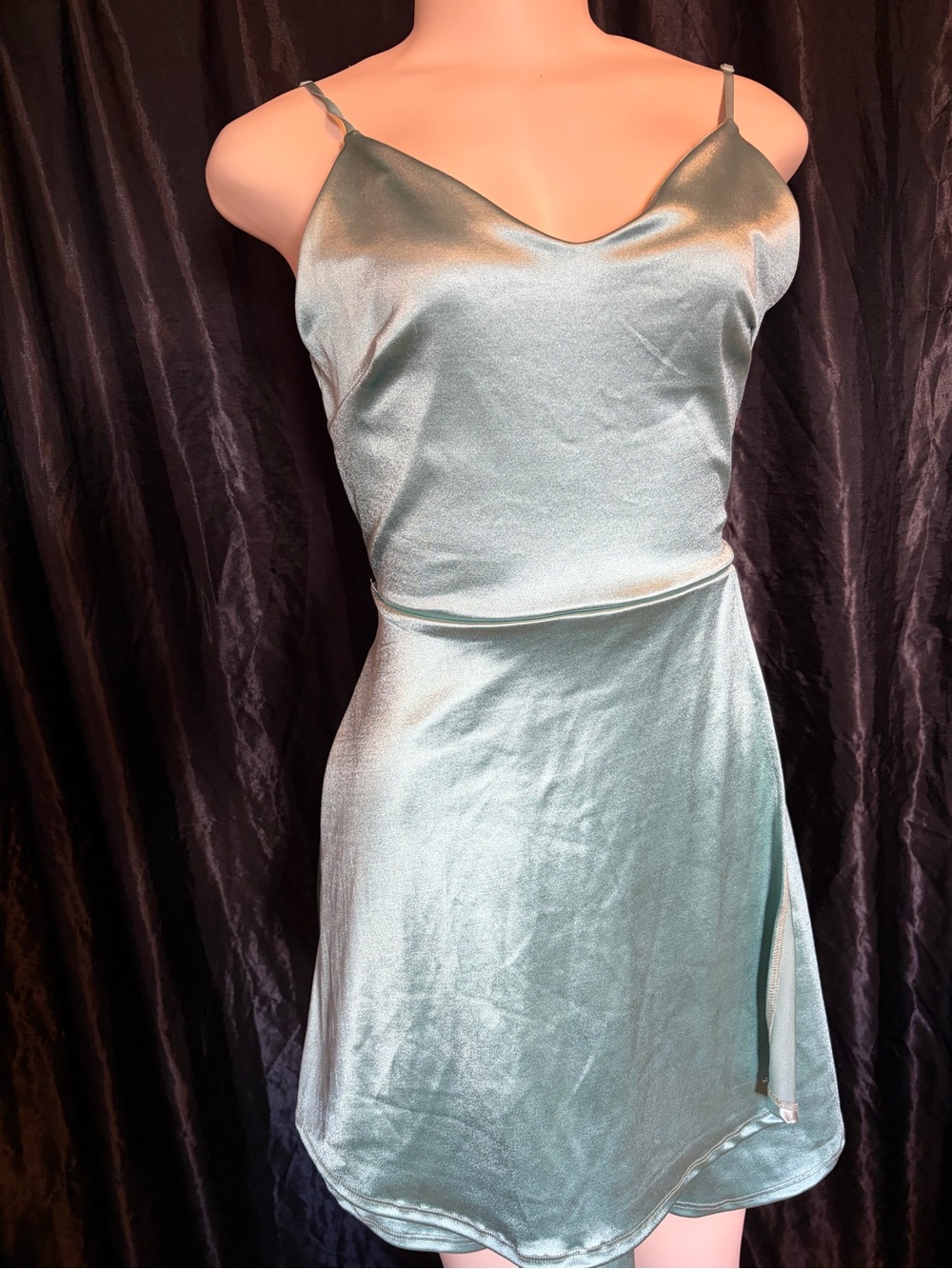 Satin Spaghetti Strap Slip Dress in Seafoam Green
